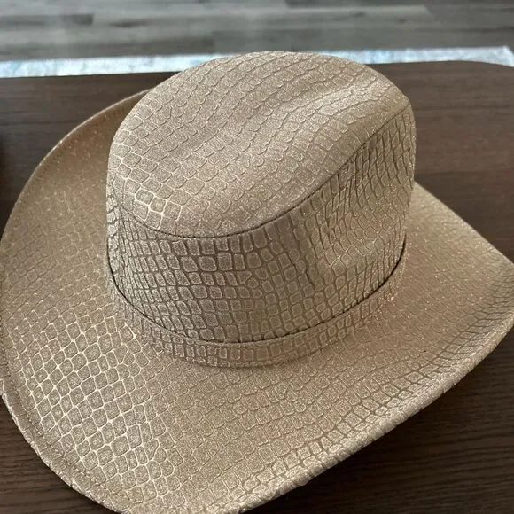 Glitter Gold Champagne Cowboy Hat – Croc-Embossed Western Style M New